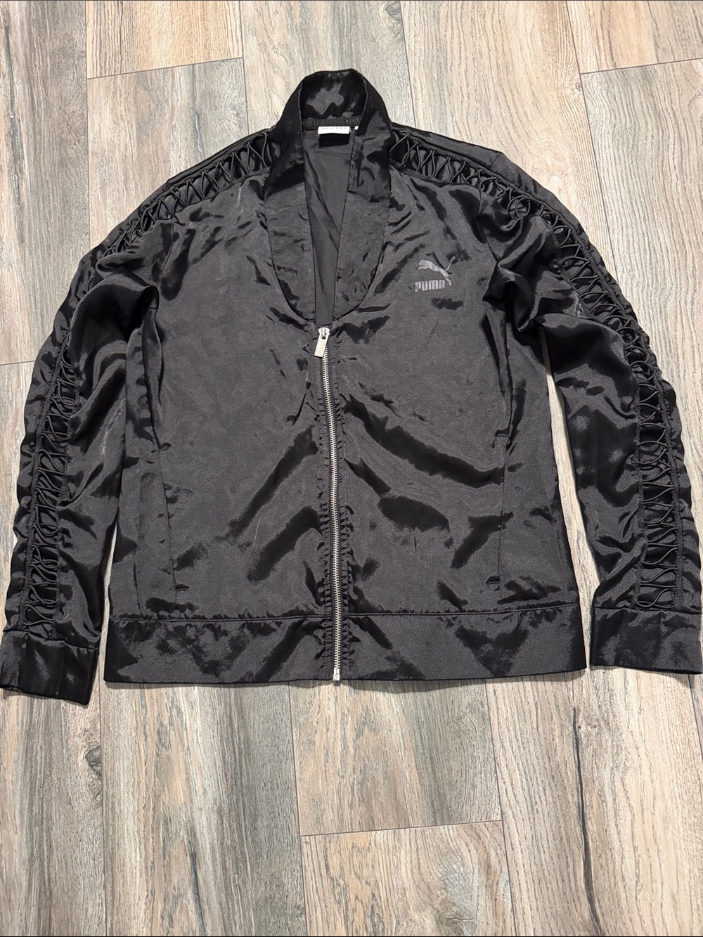 Puma Black Satin Lightweight Track Jacket with Lattice Sleeve Detail